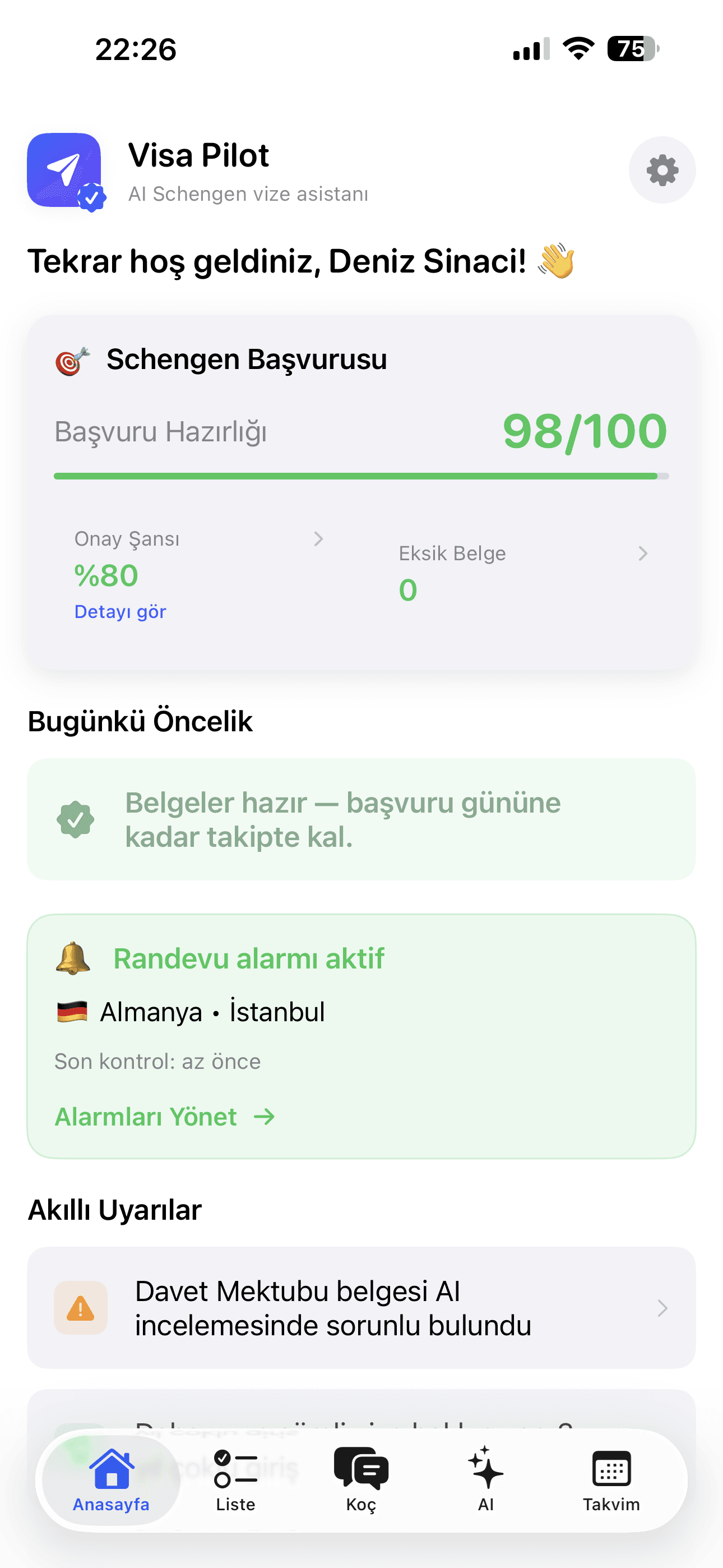 VisaPilot iOS uygulama ana ekranı